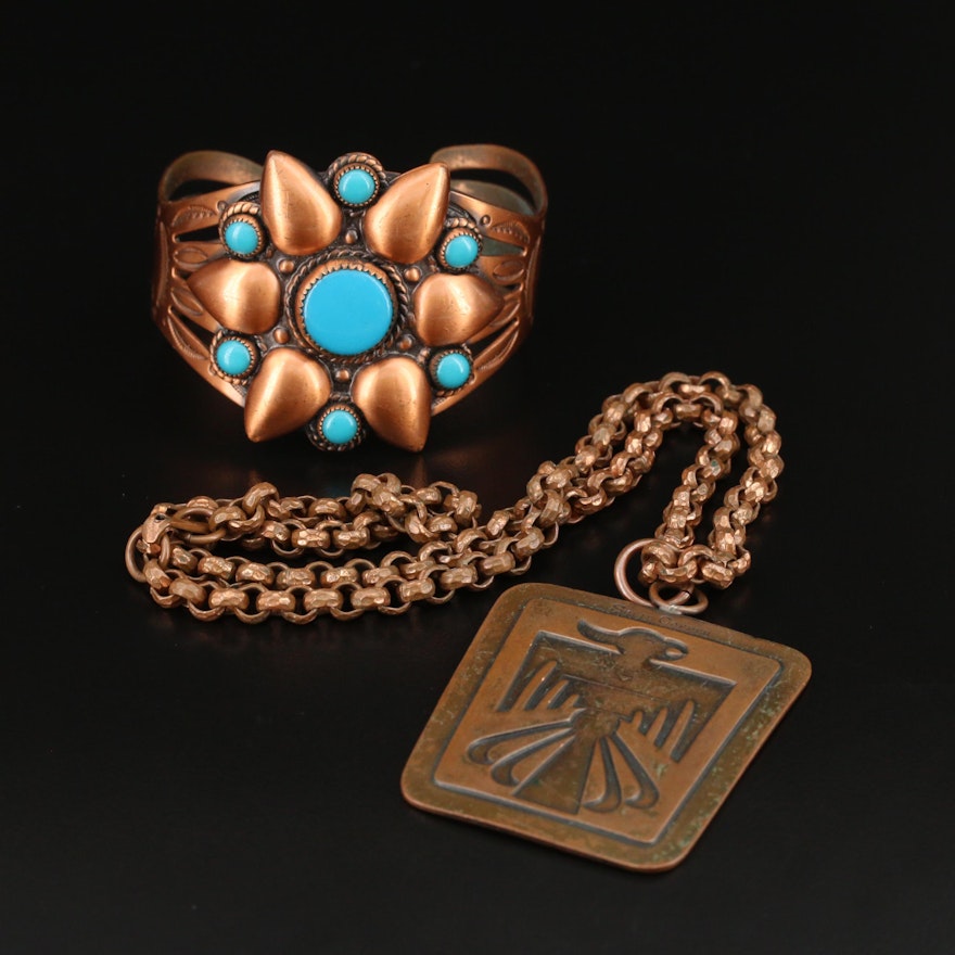 Vintage Southwestern Style Copper Turquosie Cuff and Thunderbird Rolo Necklace