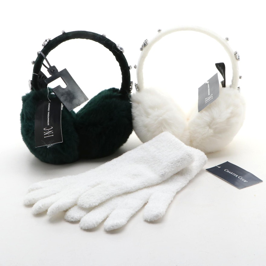 INC Forest Green and Ivory Embellished Ear Muffs with Charter Club Knit Gloves
