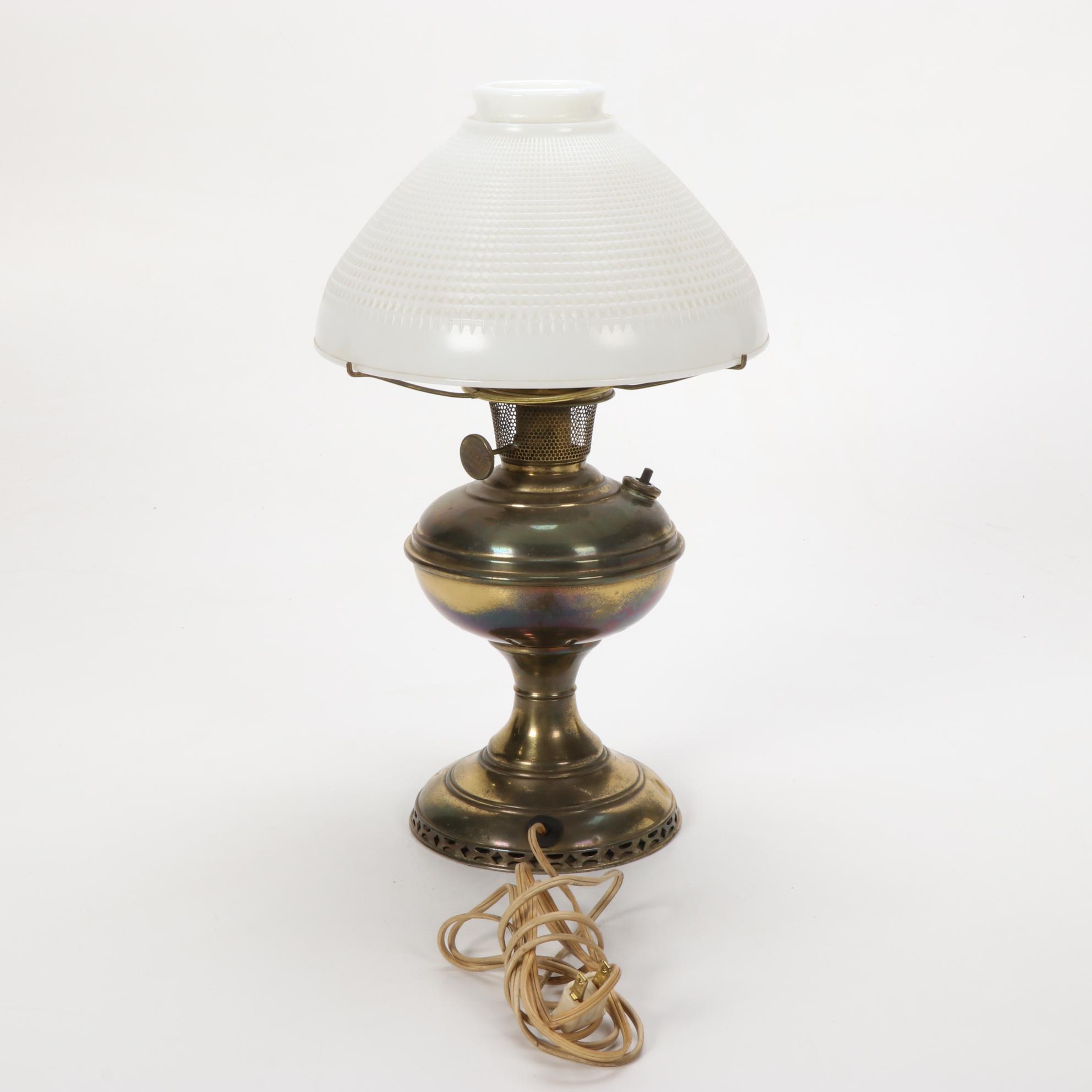 The Mantle Lamp Co. Aladdin Model 6 Converted Lamp, Milk Glass Shade, 1915-1916