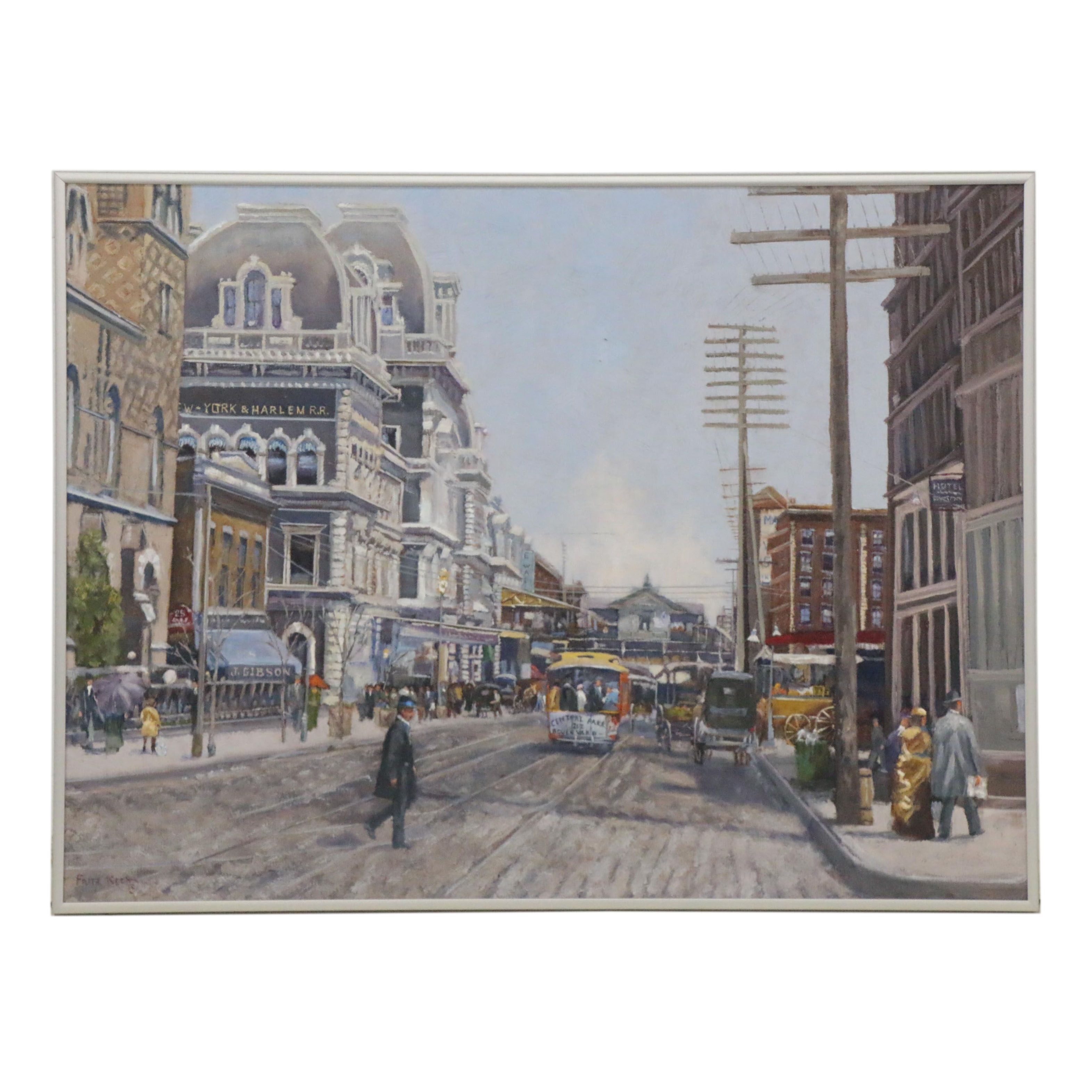 Fritz Keck Oil Painting of Historic New York with Street Cars, 21st Century