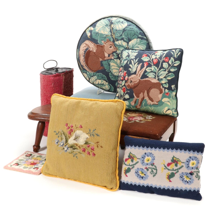 Cross Stitch and Needle Point Accent Pillows and Foot Stools, Mid-20th Century