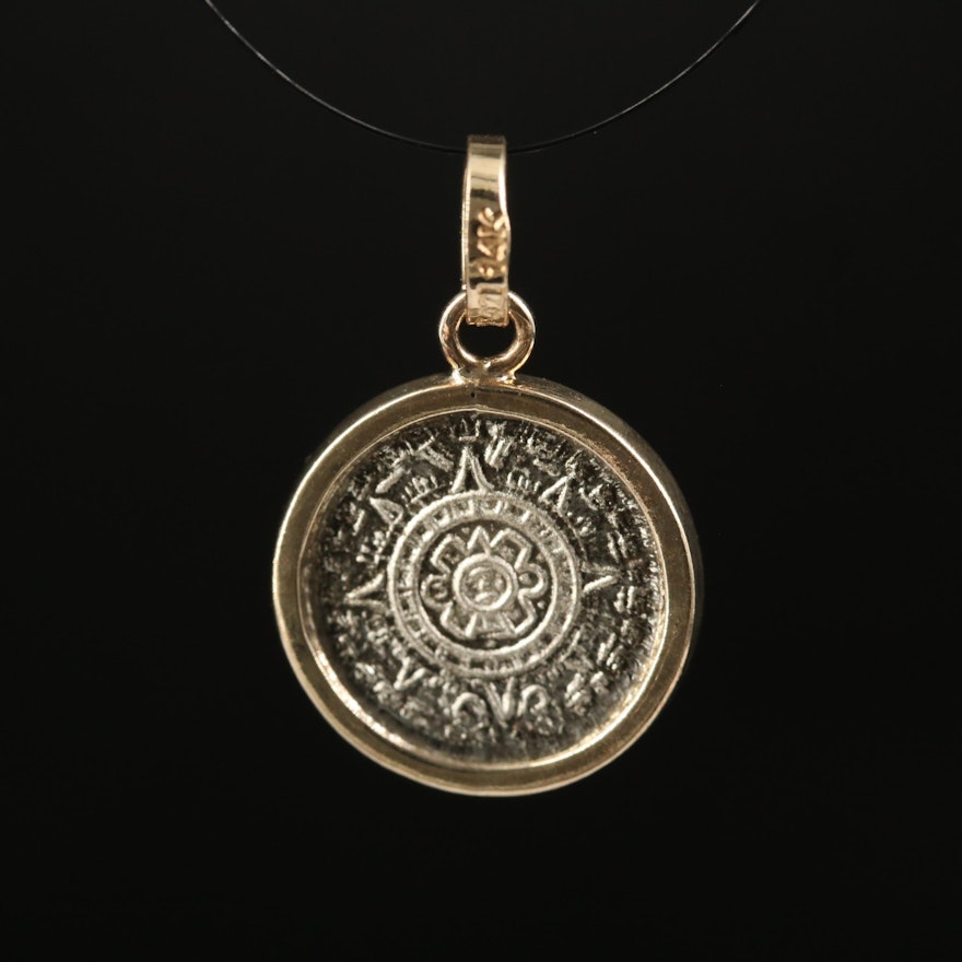 Mesoamerican Style Sterling and 14K Medallion Pendant