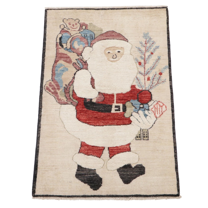 2'7 x 4'1 Hand-Knotted Afghan Santa Claus Pictorial Accent Rug