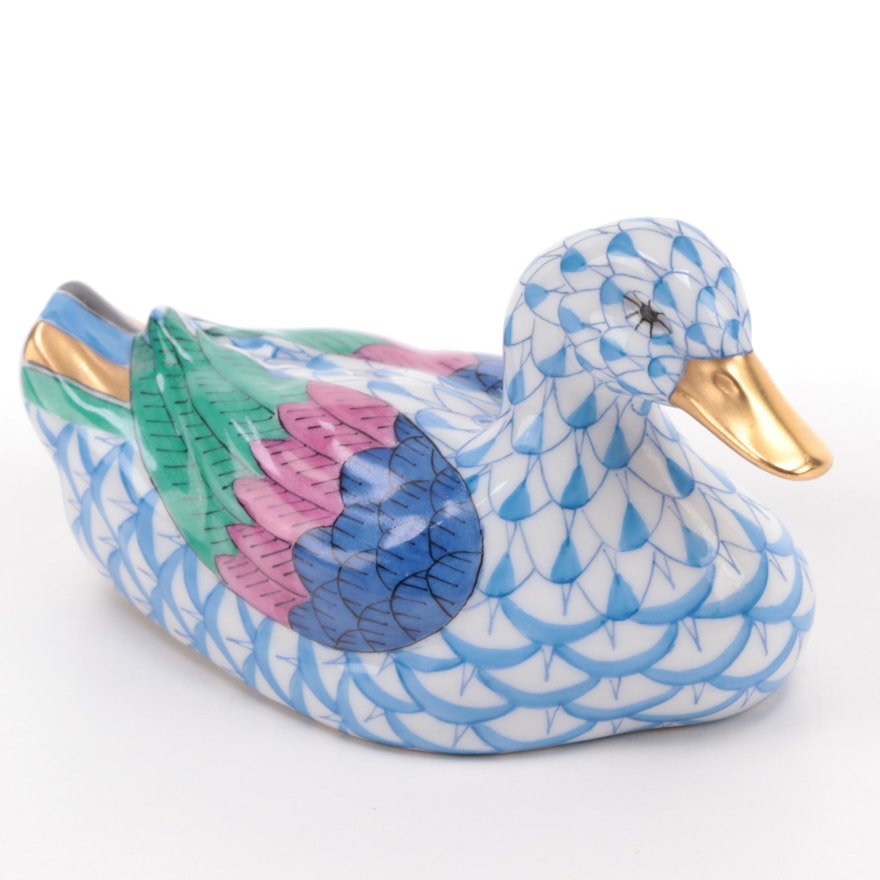 Herend Blue Fishnet "Duck" Porcelain Figurine