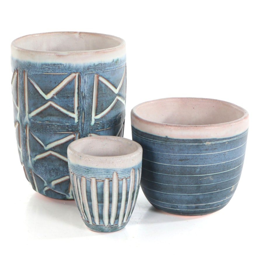 Hal Lasky Glazed Ceramics of Cups and Vase, circa 1950