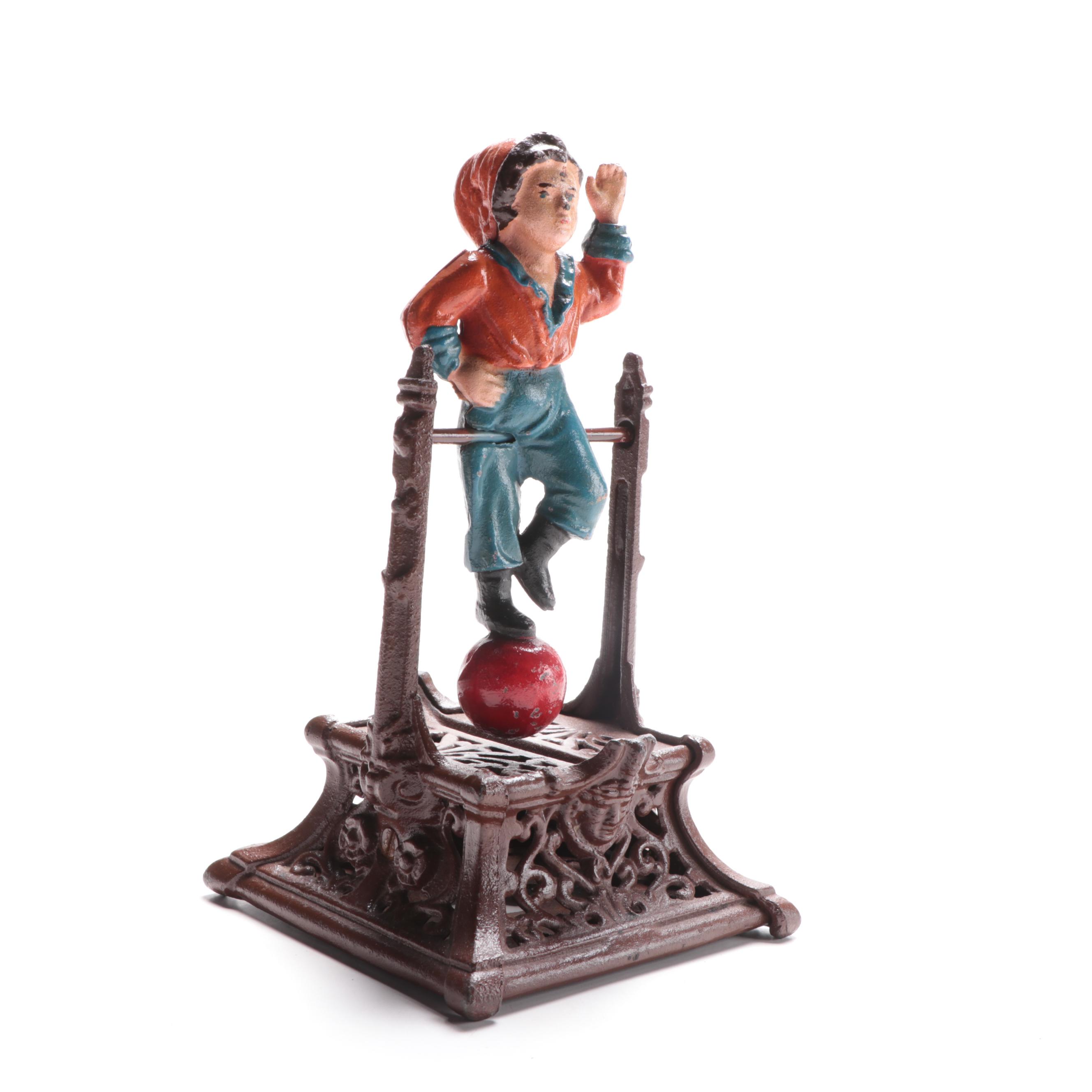 Cast Iron "Boy on Trapeze" Reproduction Bank, Late 20th Century