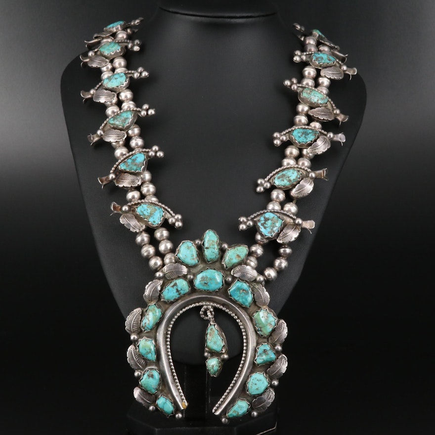 Western Sterling Turquoise Squash Blossom Necklace with Naja Pendant