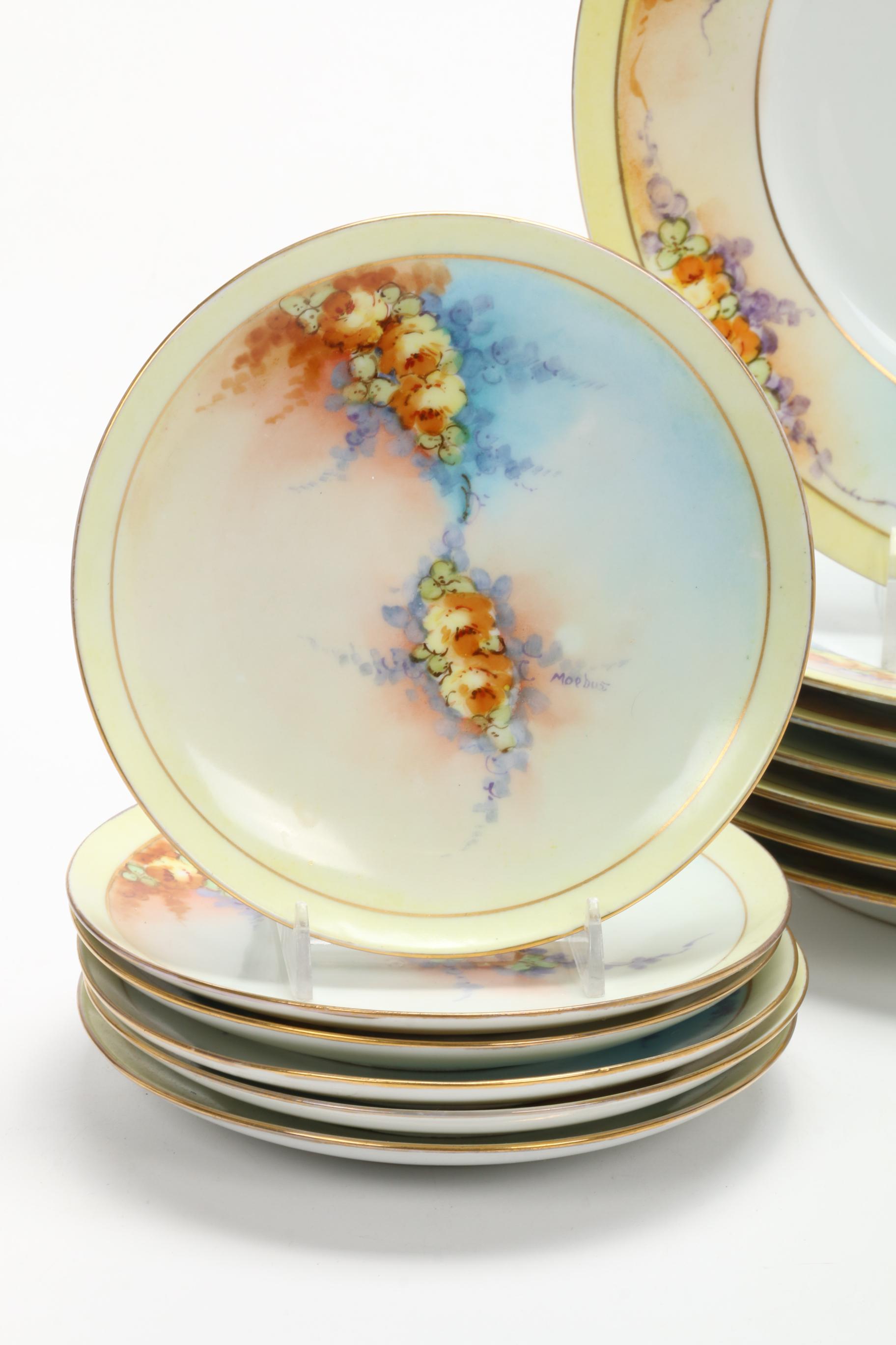 Hobbyist Hand-Painted Porcelain Dinnerware, Early to Mid 20th Century