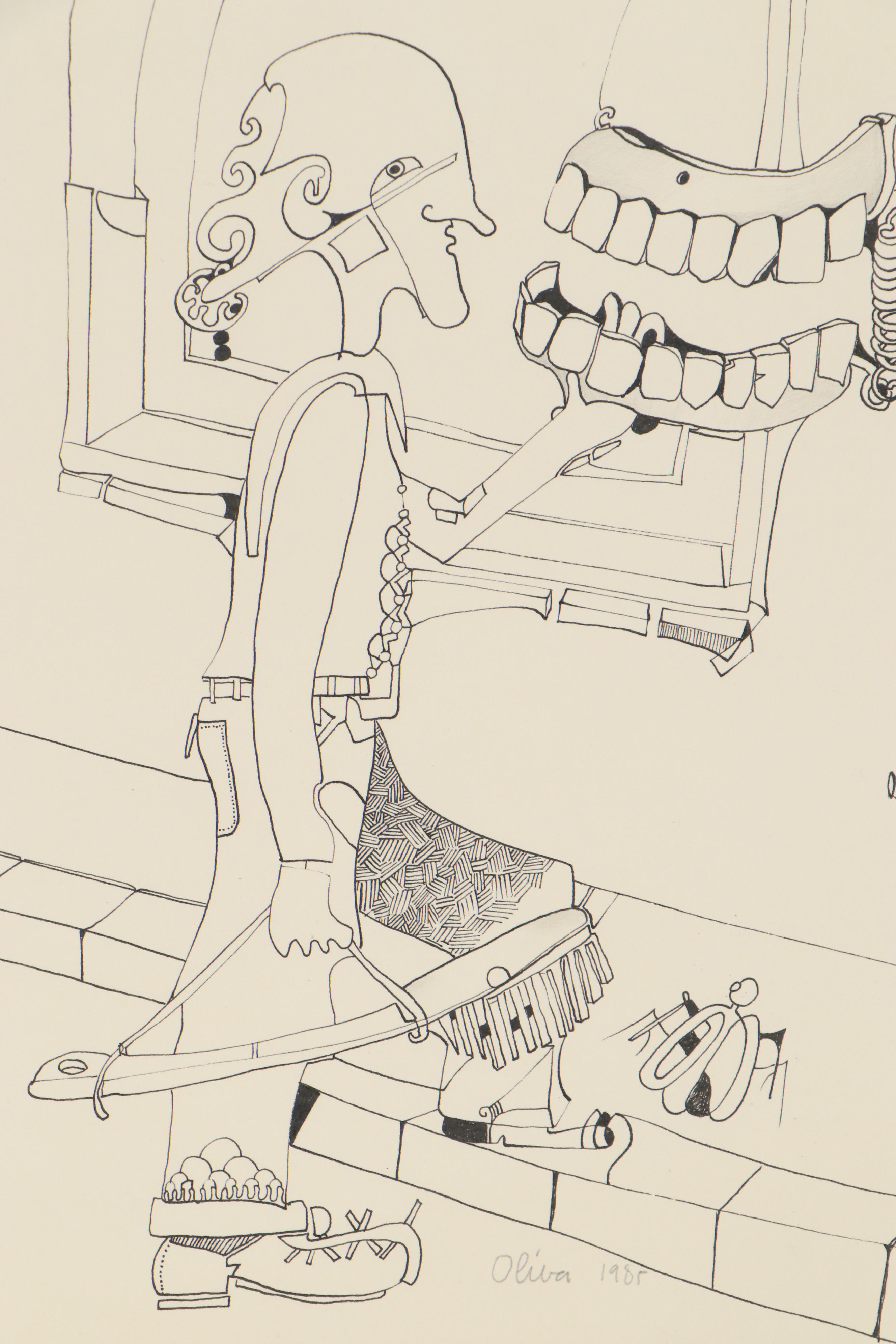 Eduardo Oliva Figural Surrealist Ink Drawing, 1985