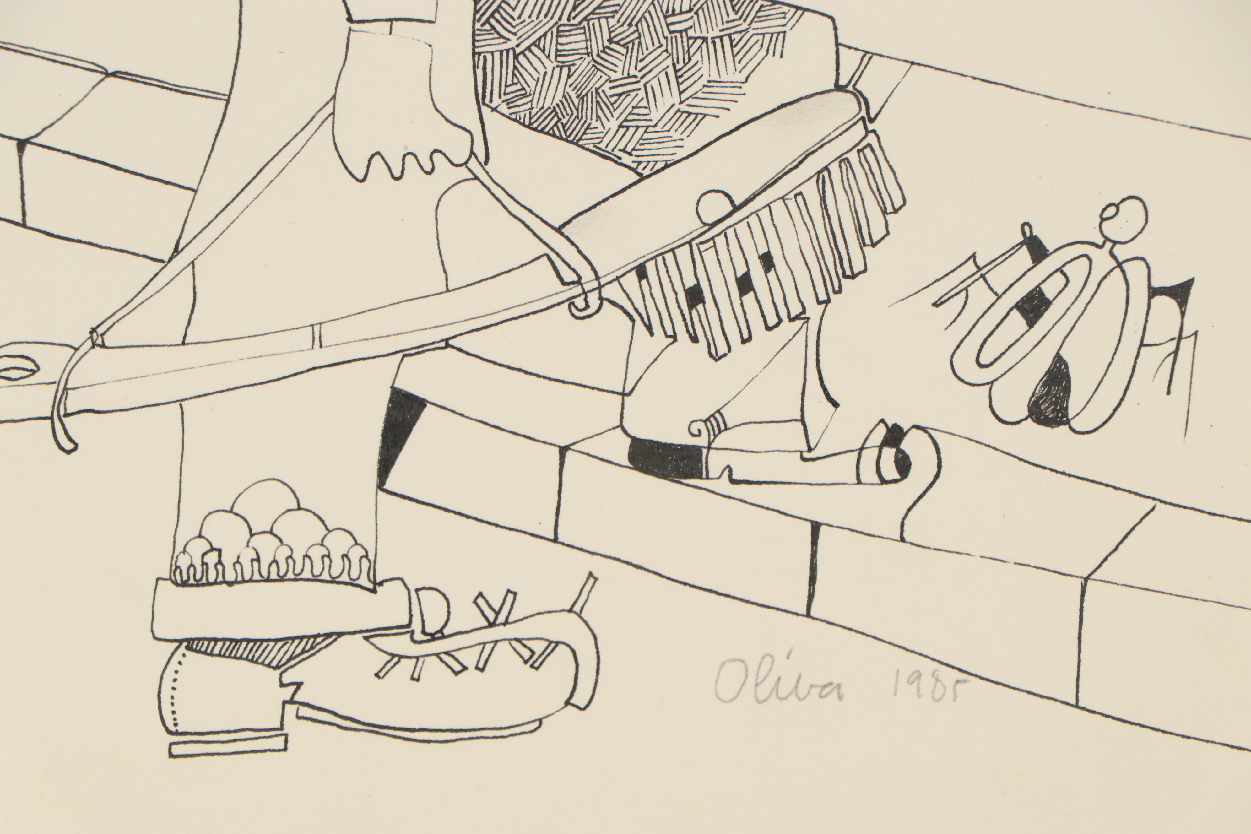 Eduardo Oliva Figural Surrealist Ink Drawing, 1985