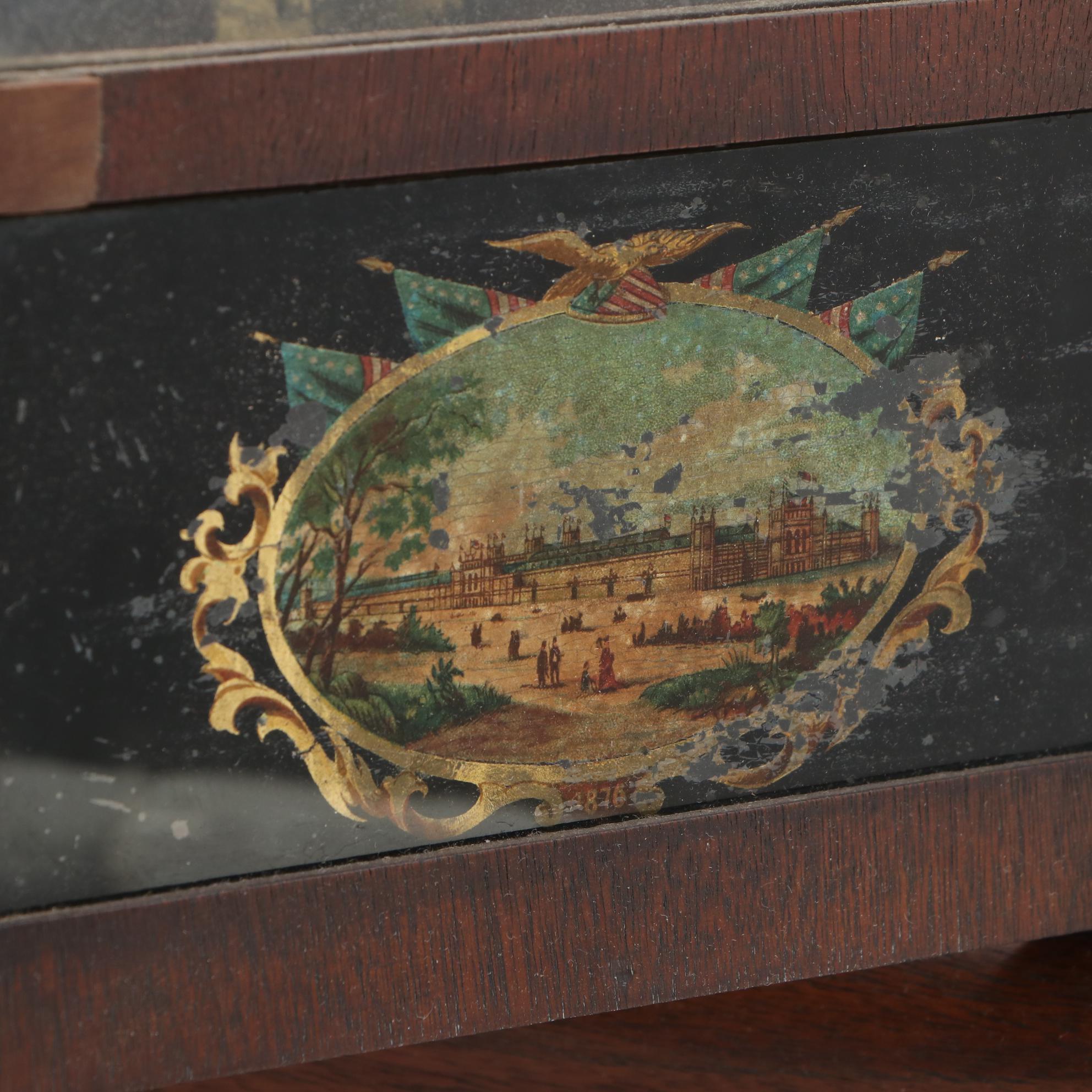 Seth Thomas Oak Mantel Clock with Centennial Exposition Reverse Glass Panel