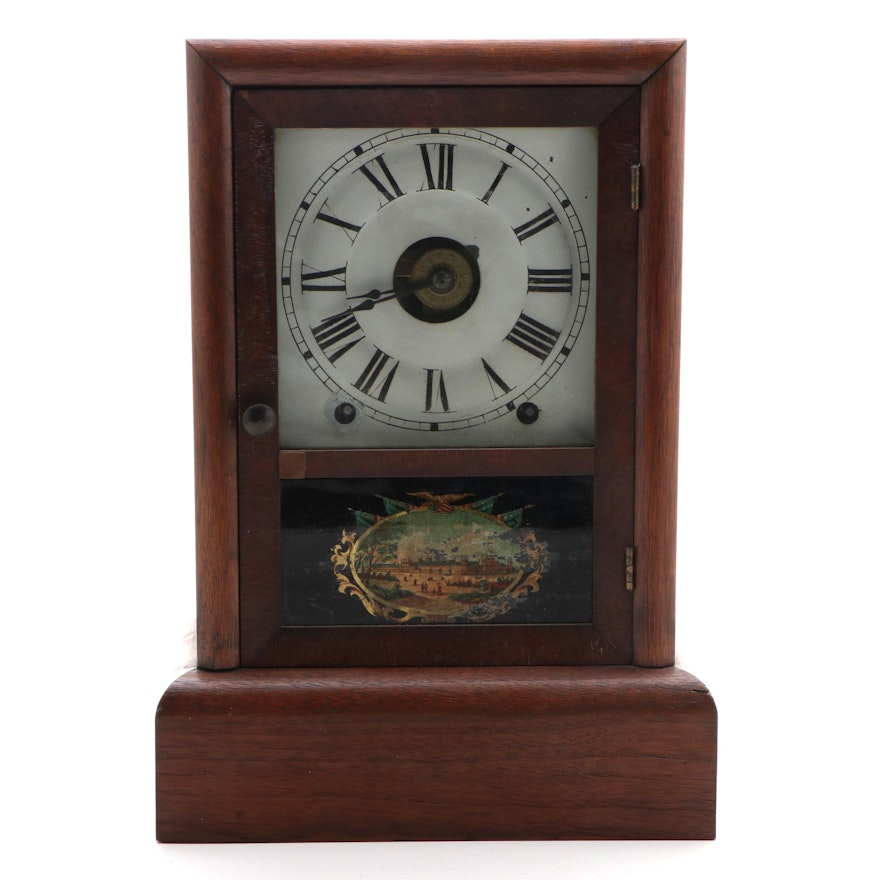 Seth Thomas Oak Mantel Clock with Centennial Exposition Reverse Glass Panel