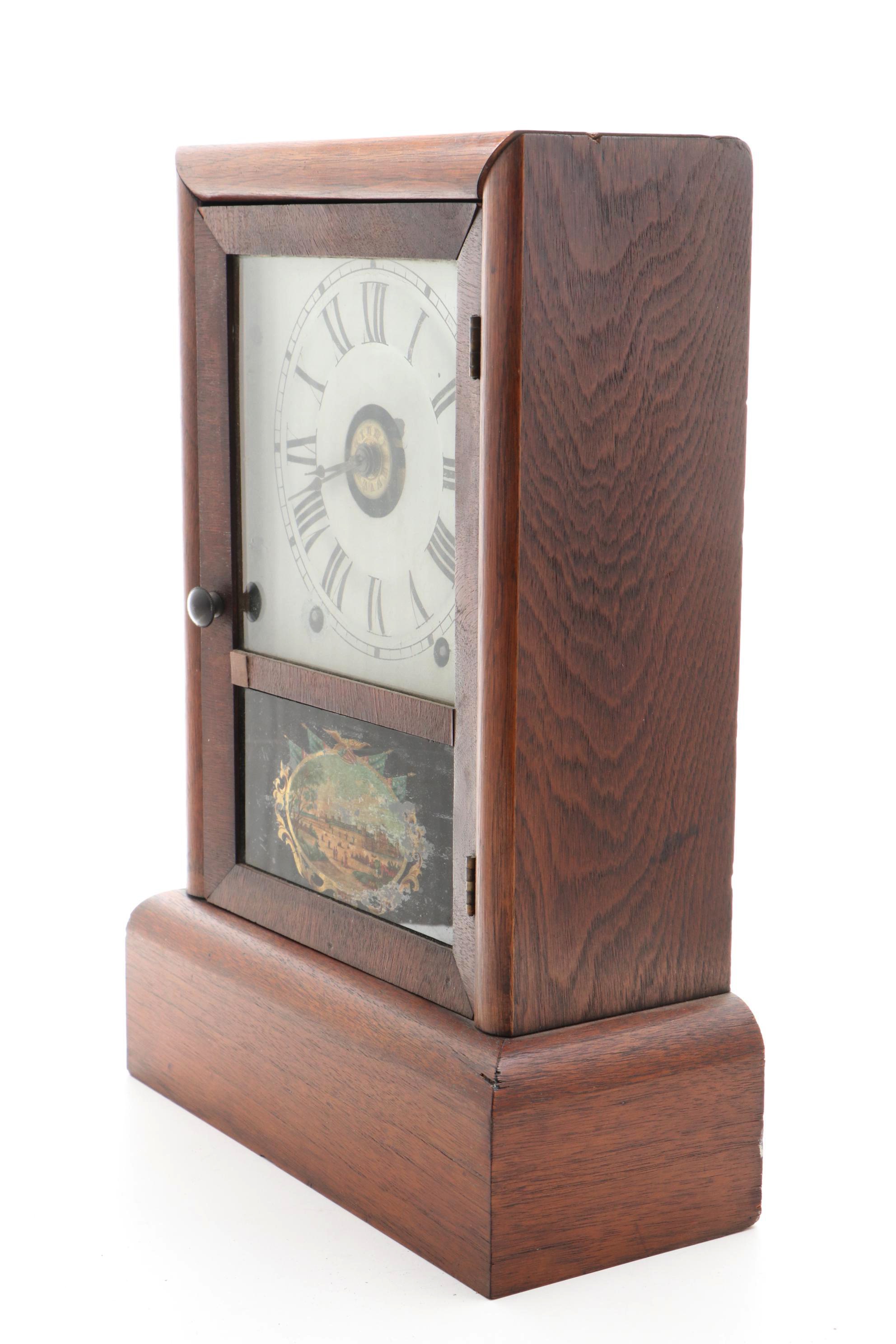 Seth Thomas Oak Mantel Clock with Centennial Exposition Reverse Glass Panel