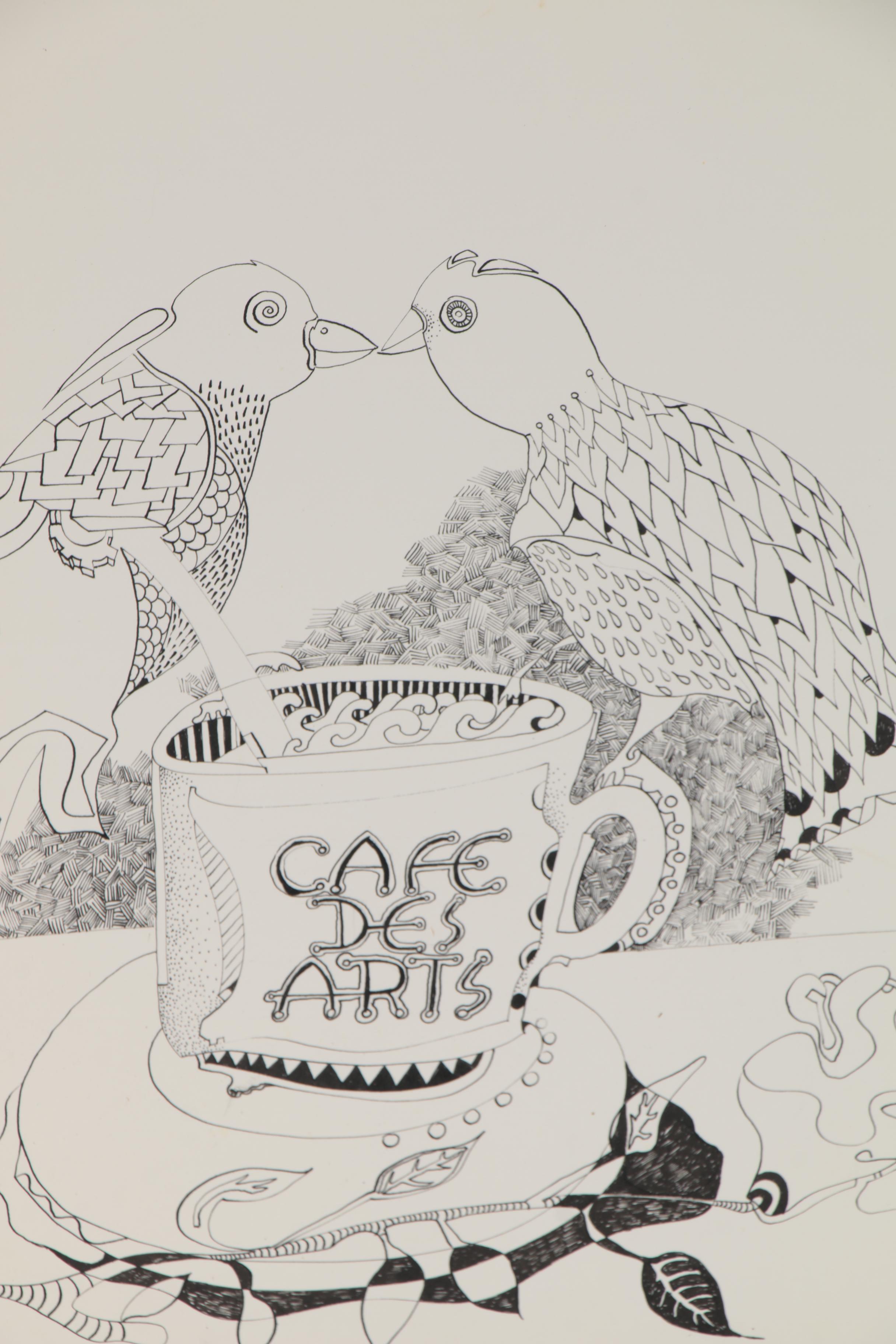 Eduardo Oliva Surrealist Style Ink Drawing of Two Birds, Late 20th Century