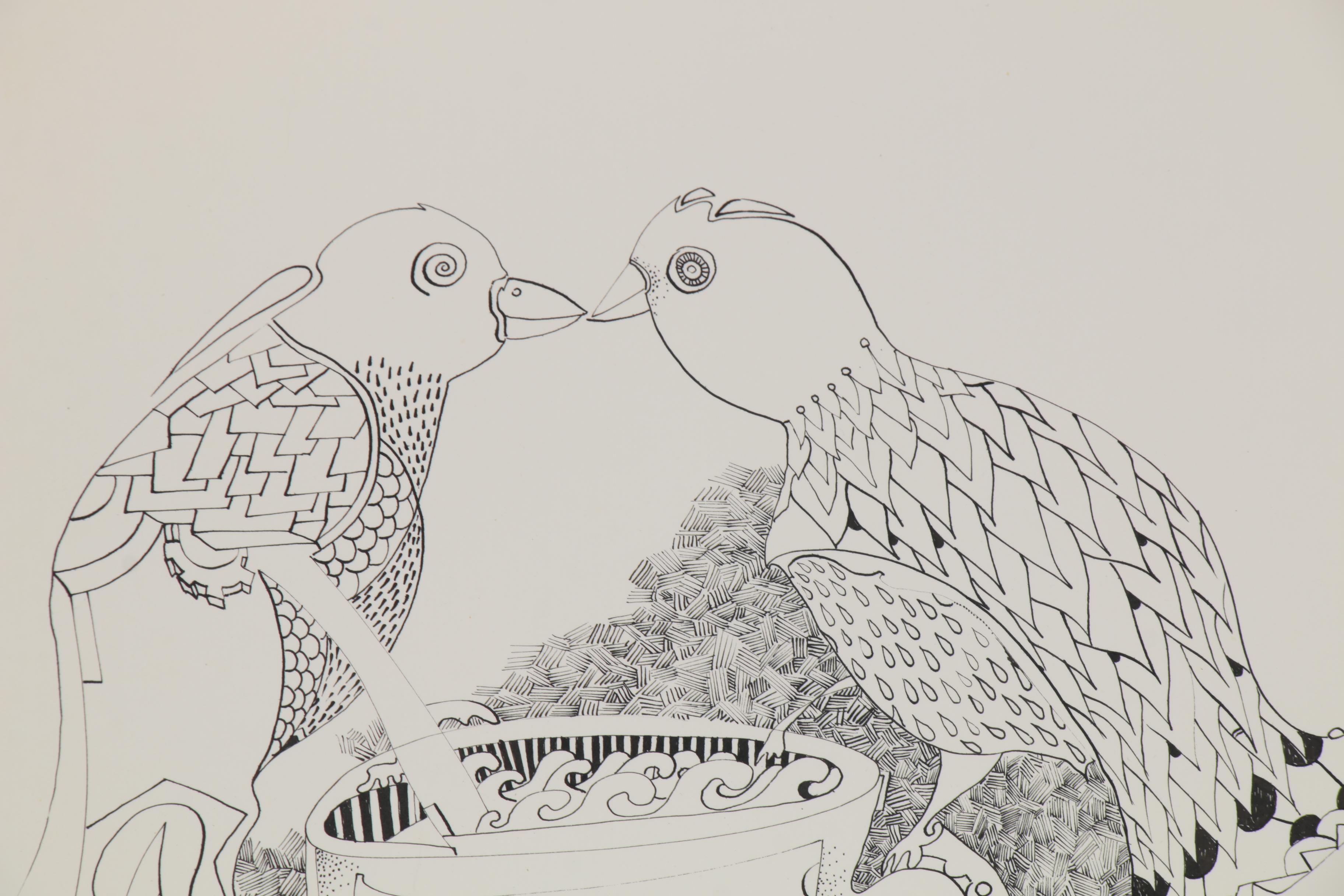 Eduardo Oliva Surrealist Style Ink Drawing of Two Birds, Late 20th Century
