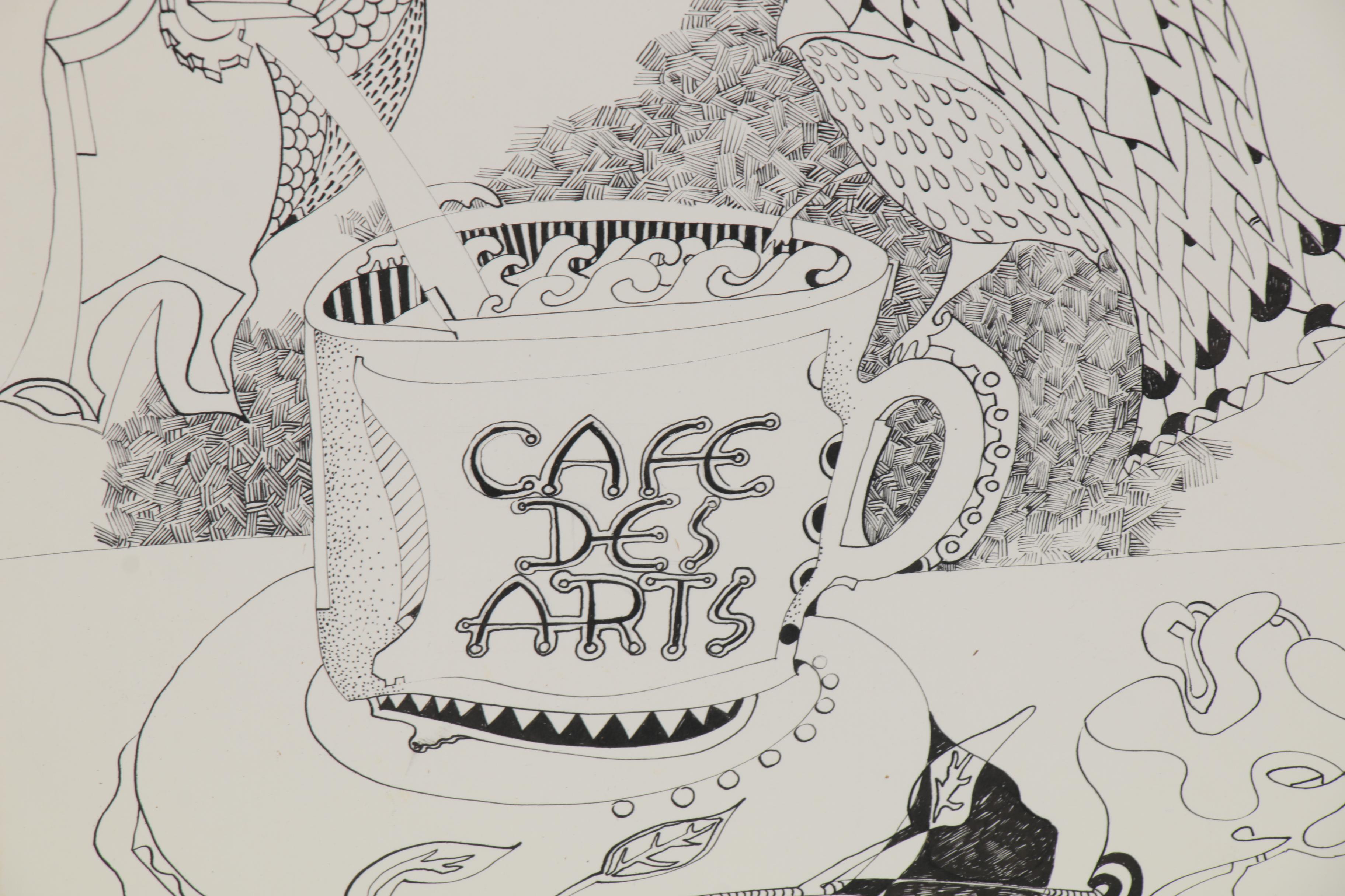 Eduardo Oliva Surrealist Style Ink Drawing of Two Birds, Late 20th Century