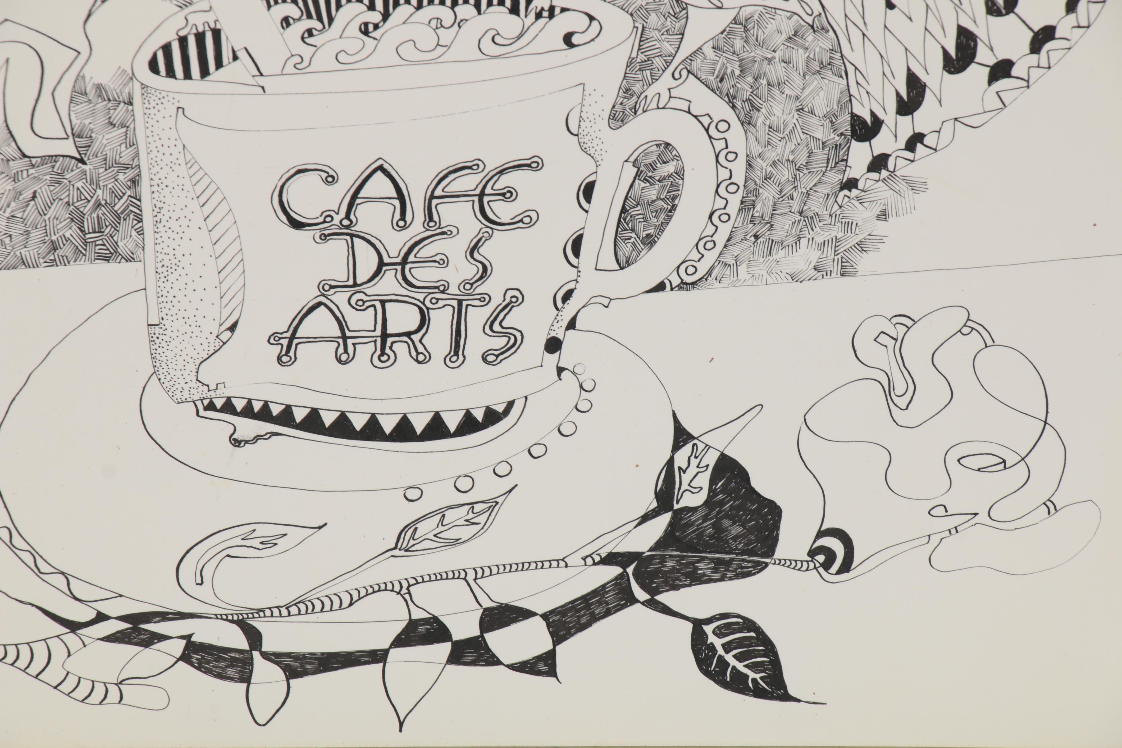 Eduardo Oliva Surrealist Style Ink Drawing of Two Birds, Late 20th Century