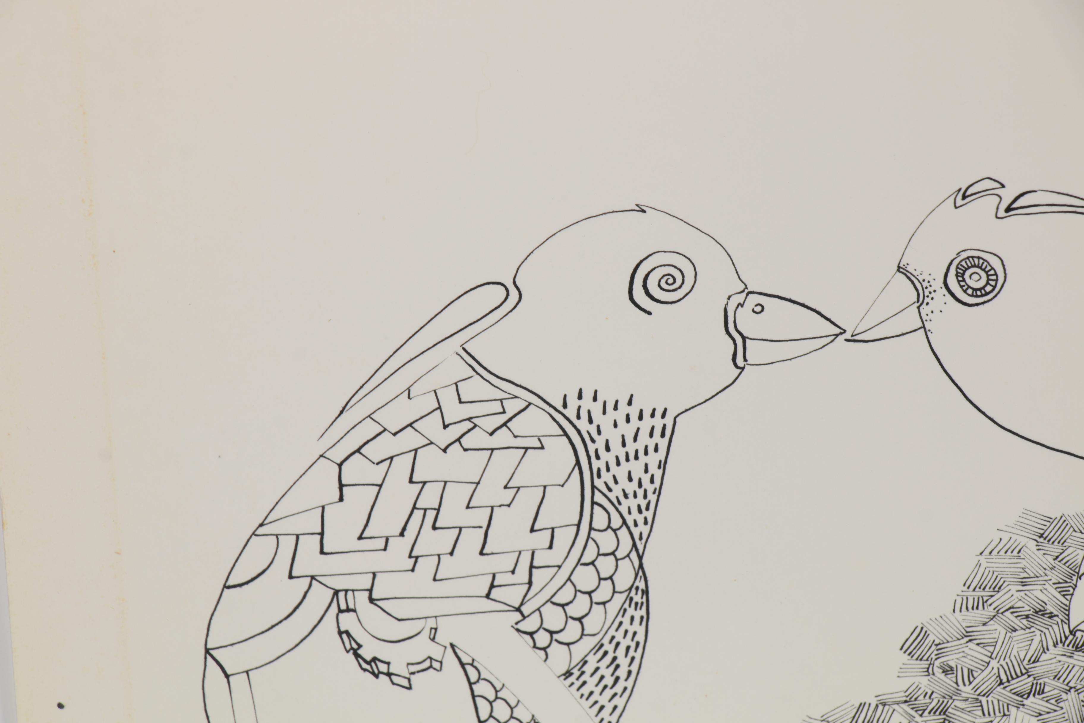 Eduardo Oliva Surrealist Style Ink Drawing of Two Birds, Late 20th Century