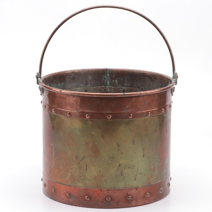 Copper and Brass Riveted Log or Coal Bucket, Antique