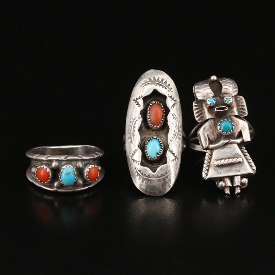 Sterling Turquoise Rings Featuring Orville Manygoat, Navajo Diné Kachina Ring