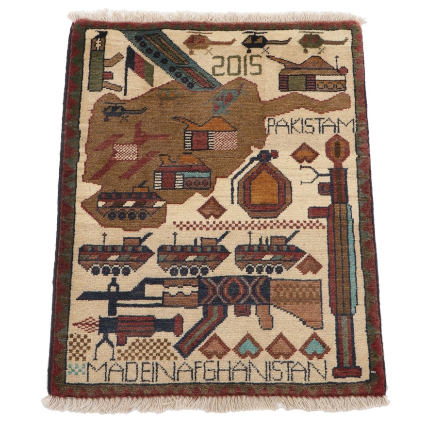 1'11 x 2'6 Hand-Knotted Afghan Pictorial War Rug, 2015