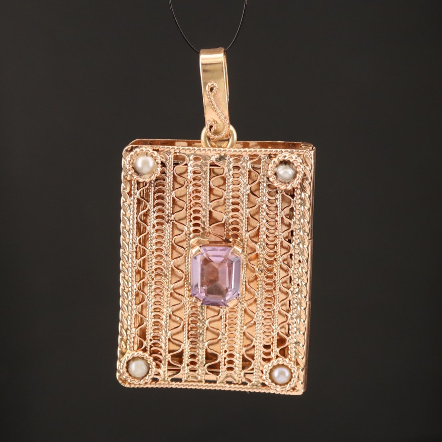 14K Rose Gold Amethyst and Seed Pearl Openwork Locket Pendant