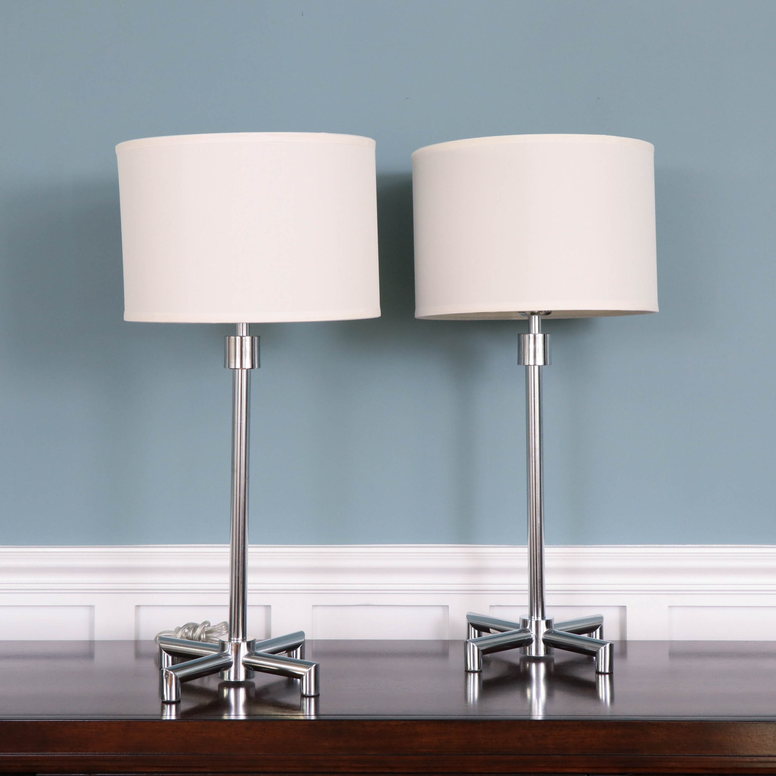 Modern Chrome Table Lamps with Fabric Drum Shades