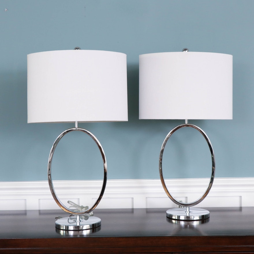 Contemporary Chrome Table Lamps with Fabric Shades
