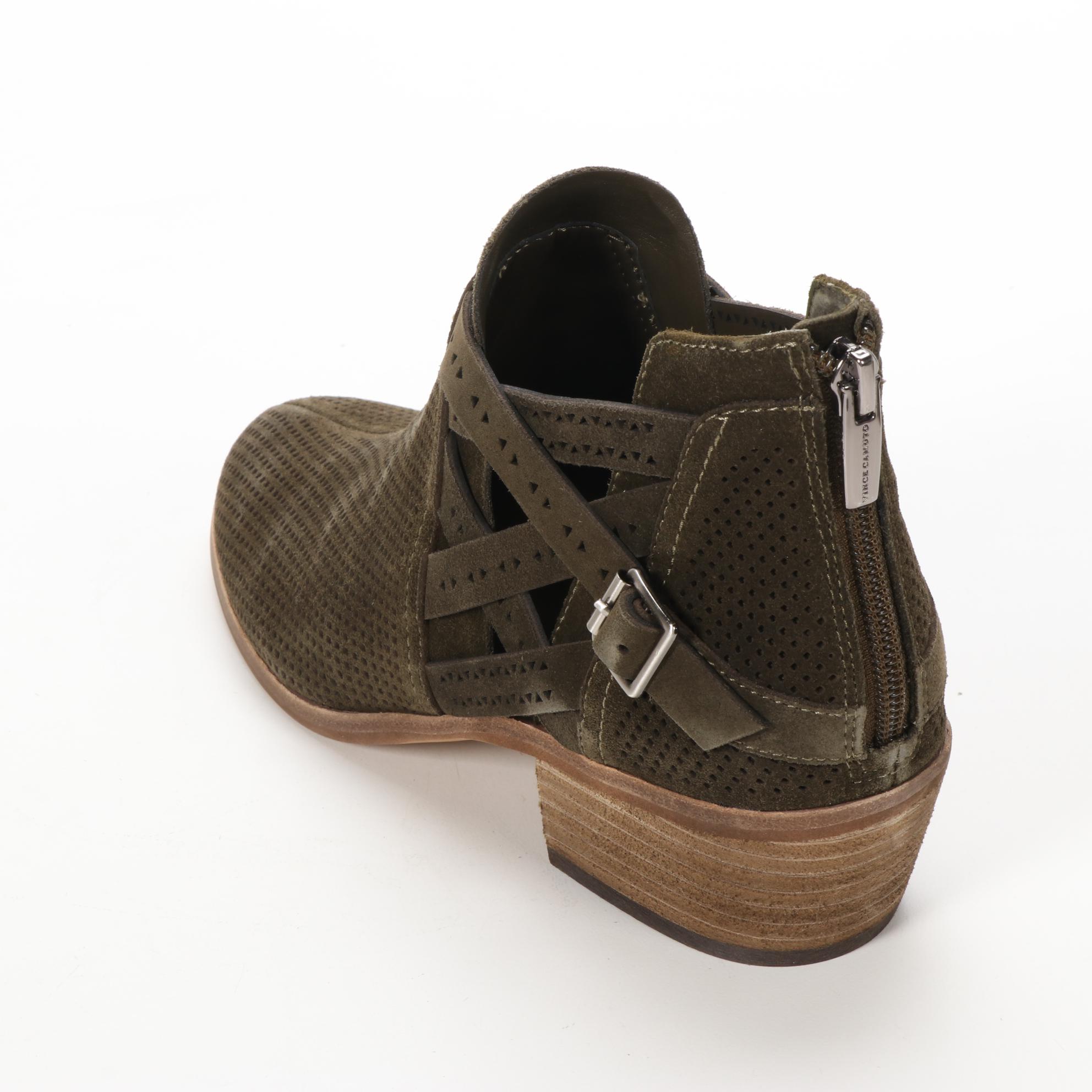 Vince Camuto Pranika Perforated Booties in Dark Olive Green Suede