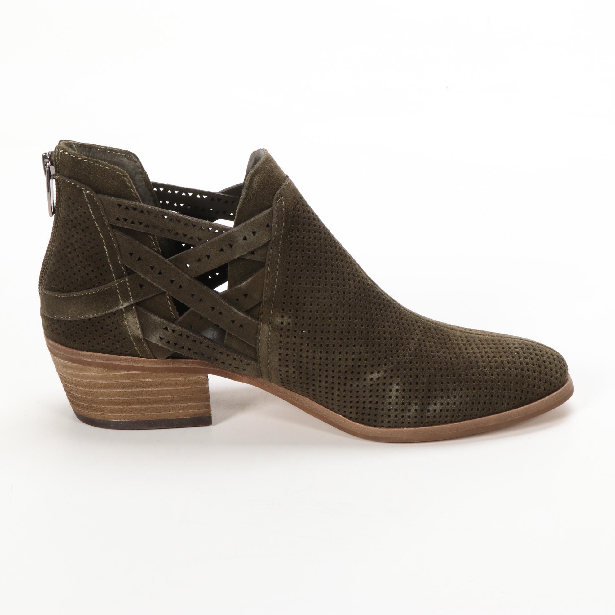 Vince Camuto Pranika Perforated Booties in Dark Olive Green Suede