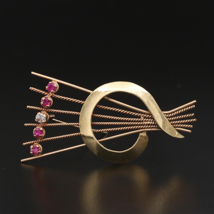 Vintage Czechoslovakian 14K Ruby and White Sapphire Brooch