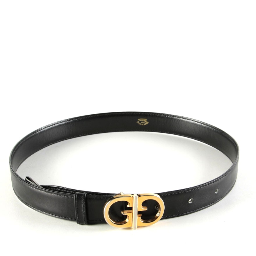 Gucci Gold Tone Double G Buckle Black Leather Belt
