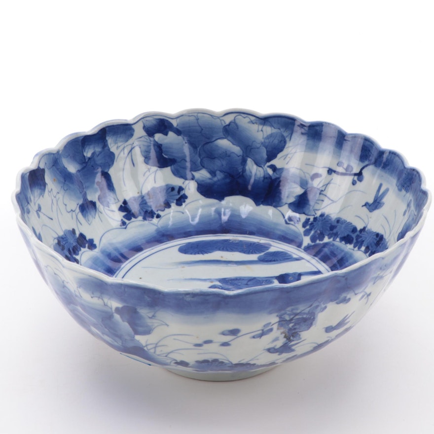 Japanese Blue and White Ceramic Scalloped Centerpiece Bowl, Antique