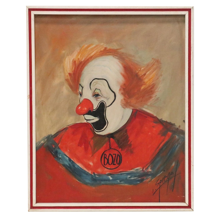 Louis Spiegel Oil Painting of Bozo the Clown, Mid-20th Century