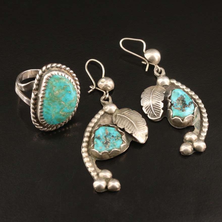 Western Style Sterling Silver Turquoise Earrings and Ring