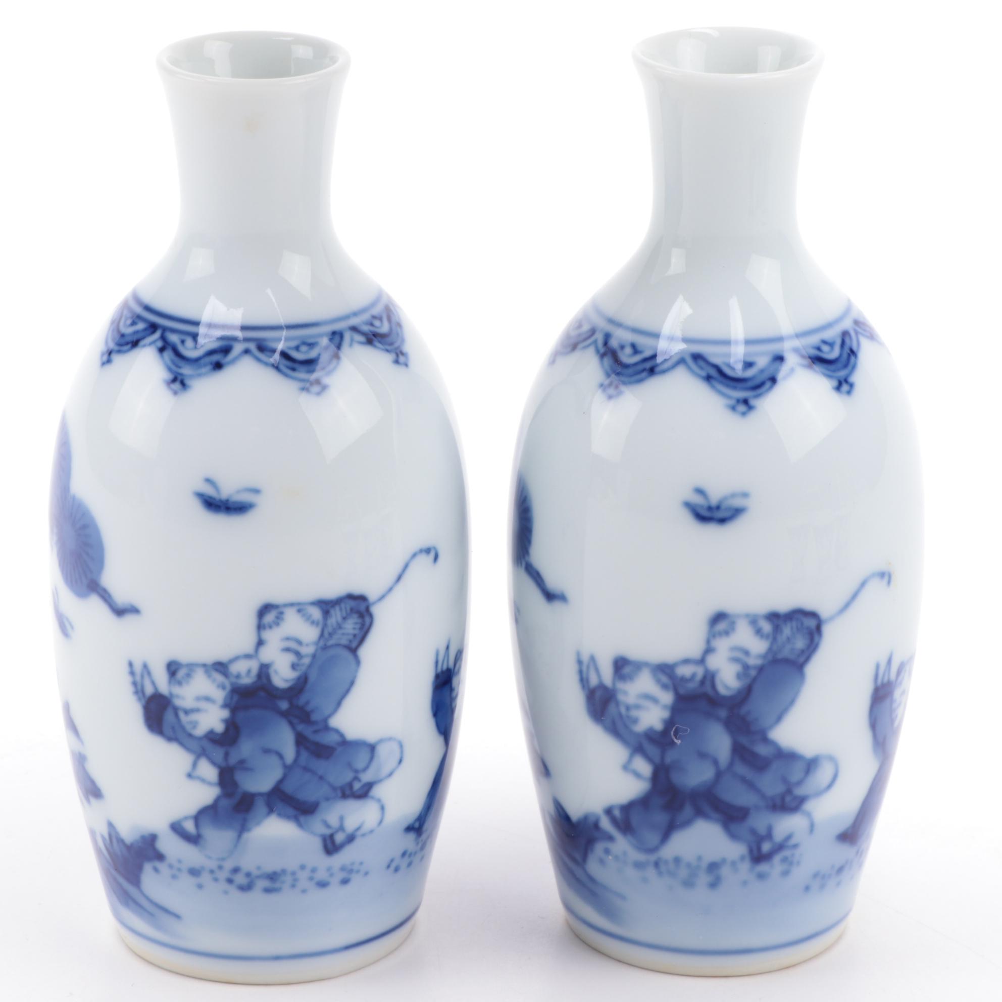 Japanese Blue and White Porcelain Sake Bottles and Cups, Late 20th Century