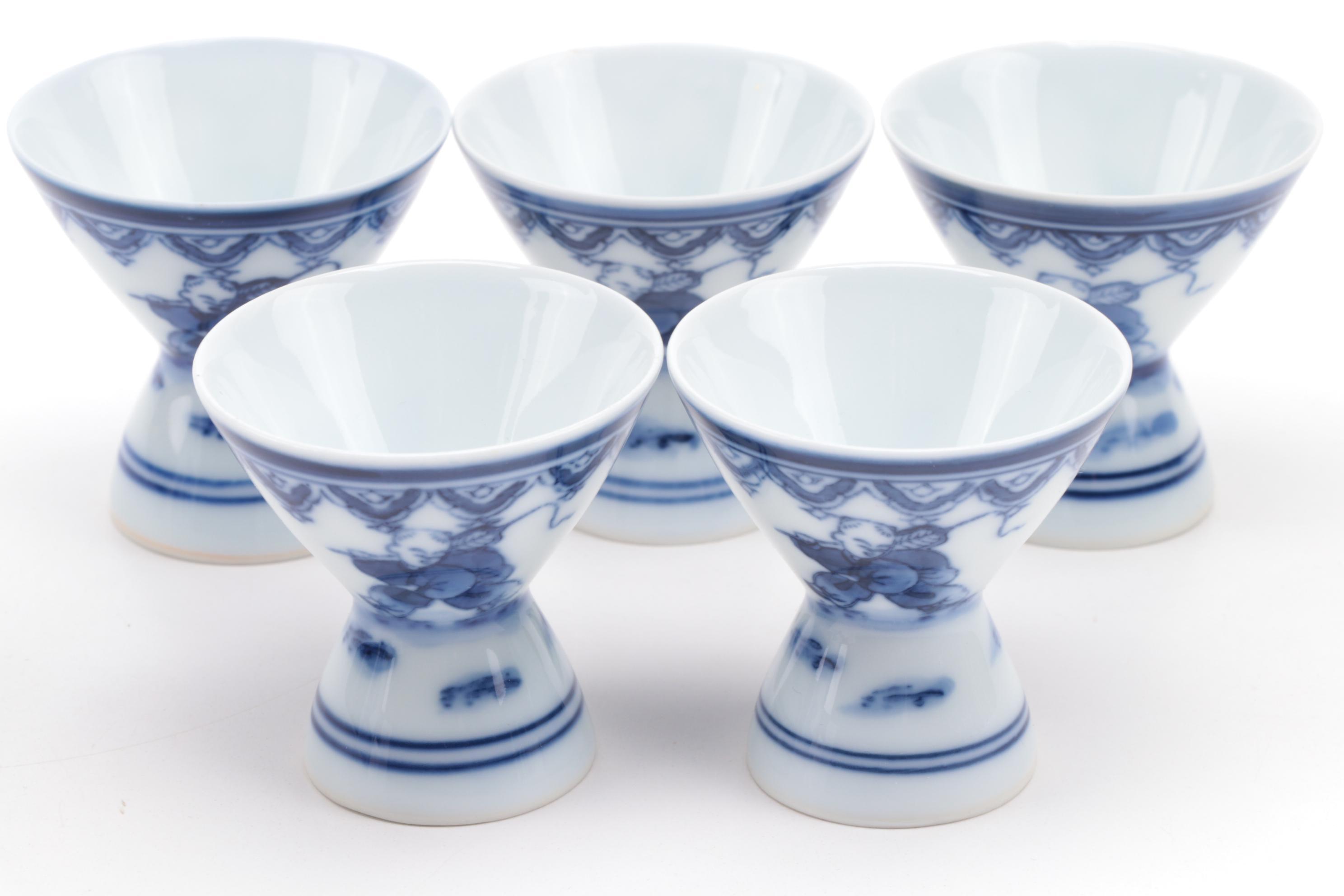 Japanese Blue and White Porcelain Sake Bottles and Cups, Late 20th Century