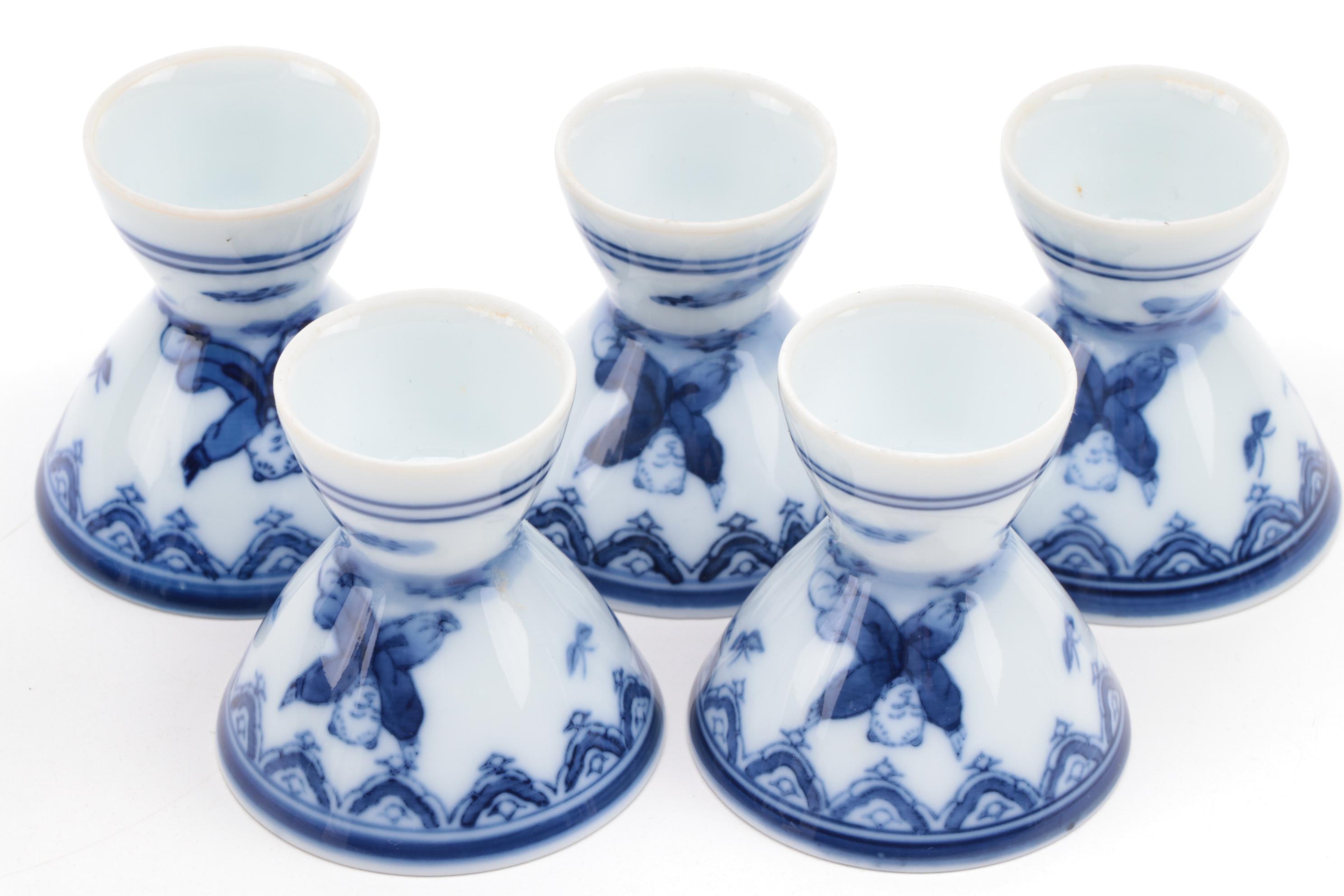Japanese Blue and White Porcelain Sake Bottles and Cups, Late 20th Century