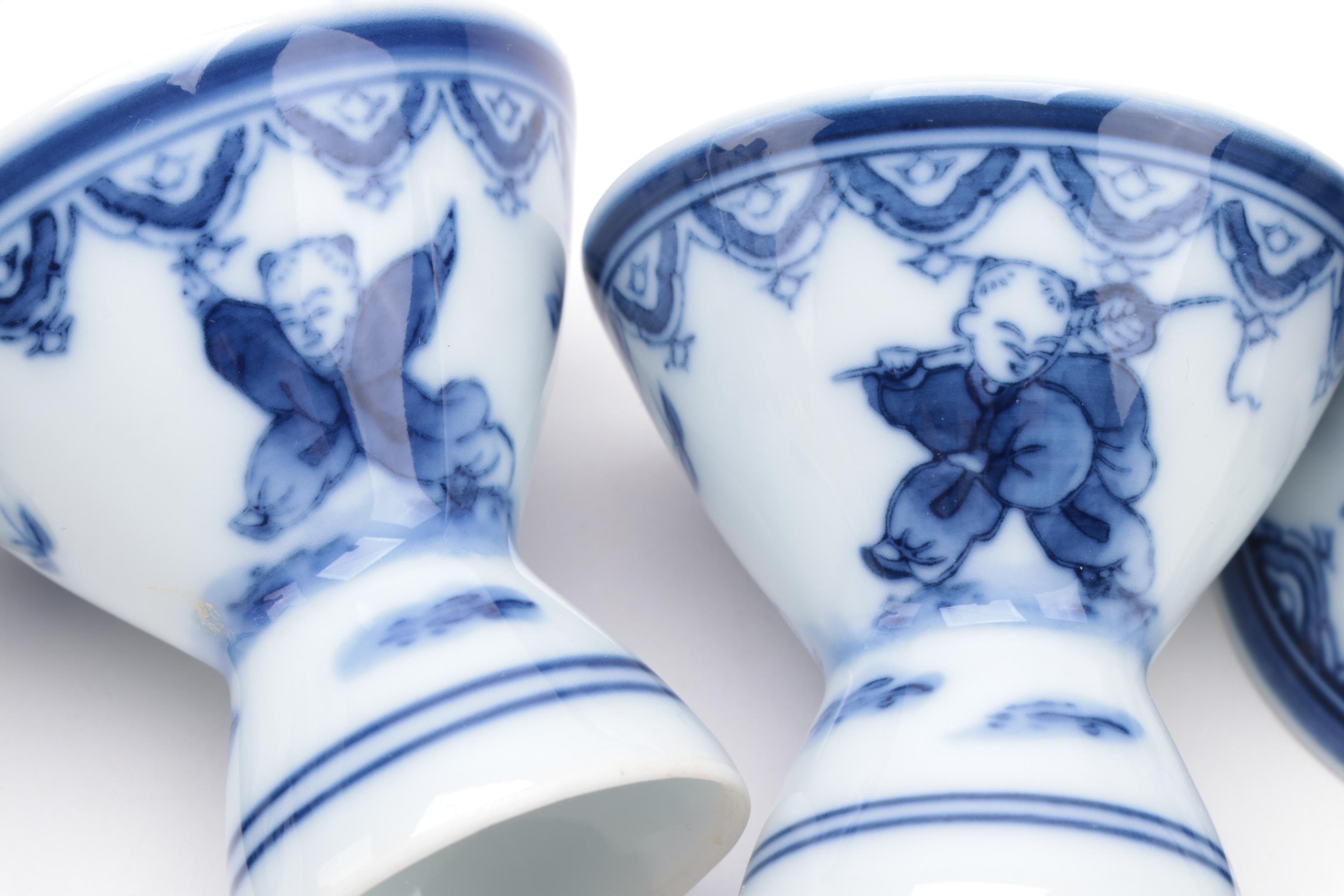 Japanese Blue and White Porcelain Sake Bottles and Cups, Late 20th Century