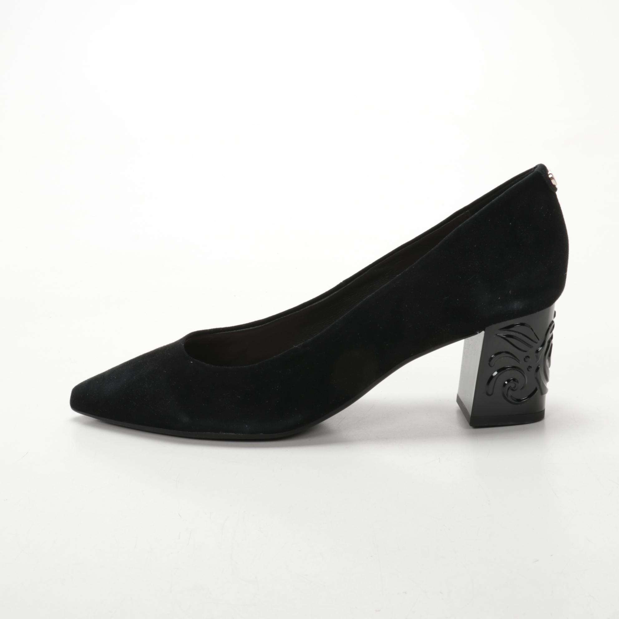 Taryn Rose Black Suede Marigold Pumps with Embossed Heel