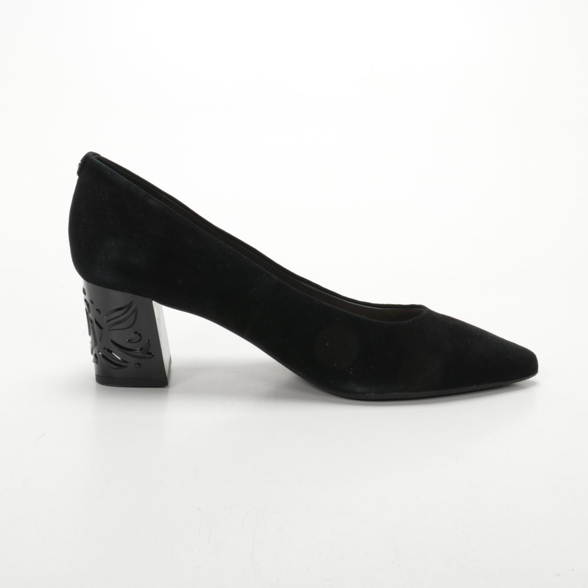 Taryn Rose Black Suede Marigold Pumps with Embossed Heel