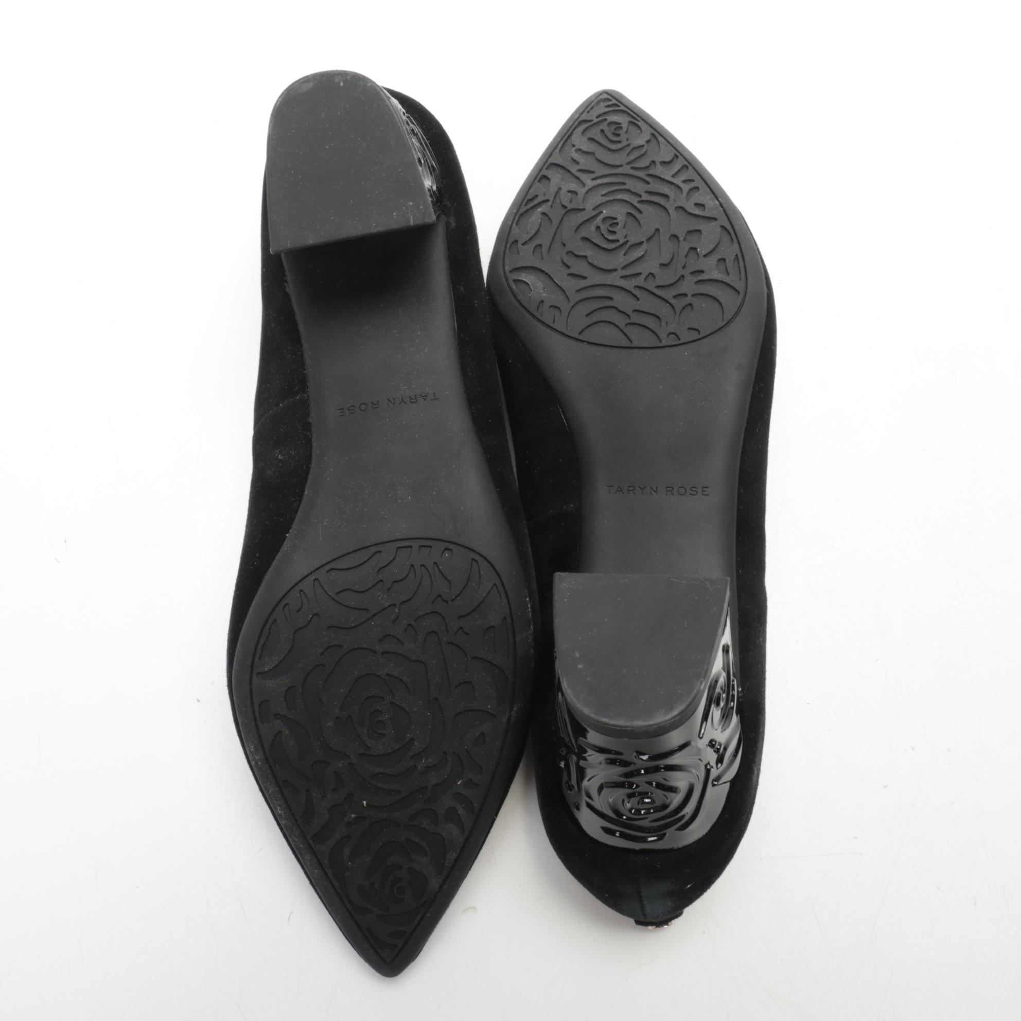 Taryn Rose Black Suede Marigold Pumps with Embossed Heel