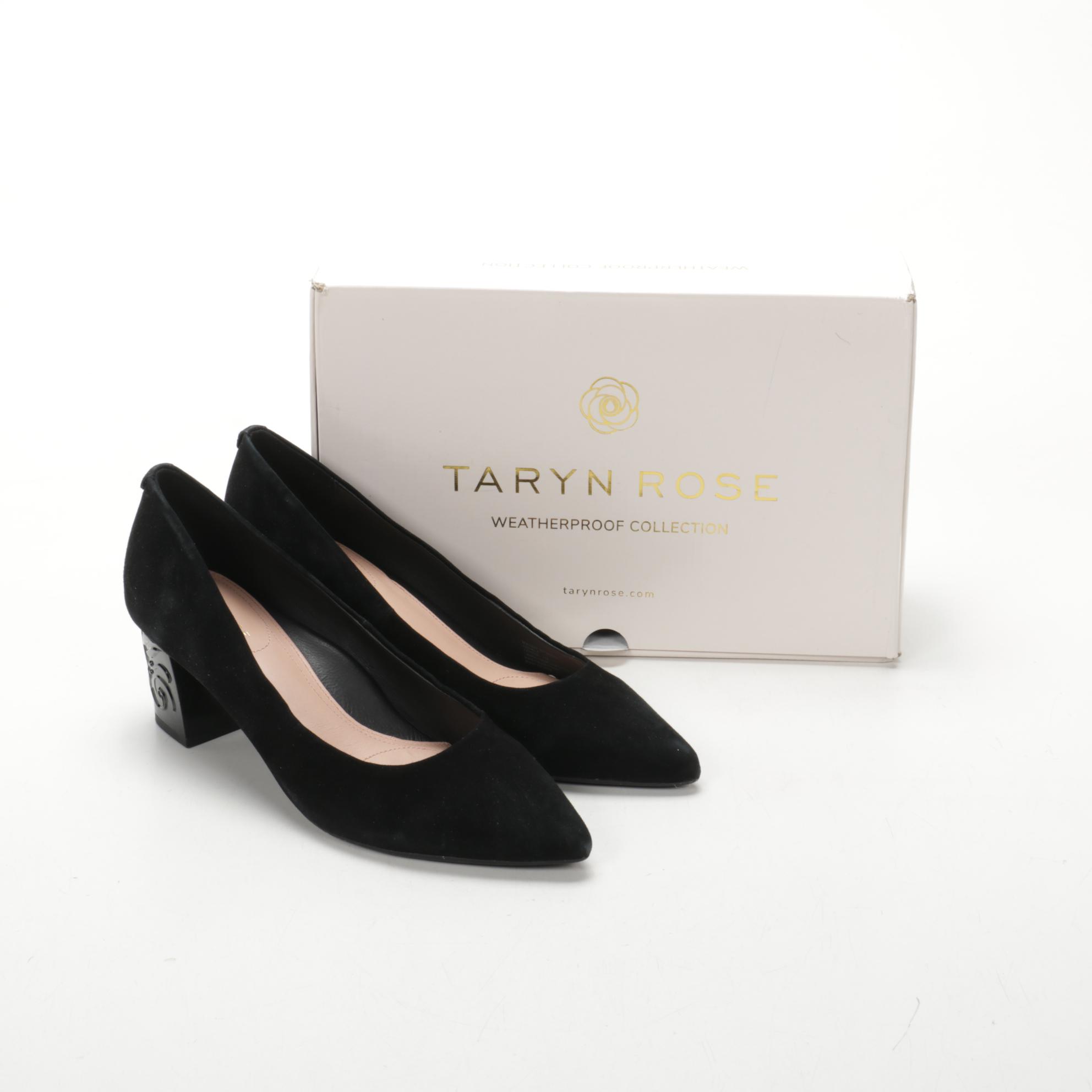 Taryn Rose Black Suede Marigold Pumps with Embossed Heel
