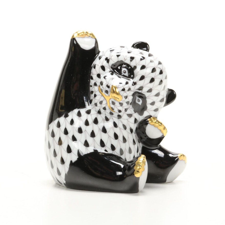 Herend Black Fishnet with Gold "Playful Panda" Porcelain Figurine
