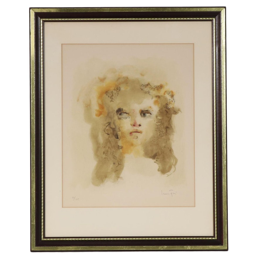 Leonor Fini Portrait Color Lithograph of Young Girl, Mid-Late 20th Century