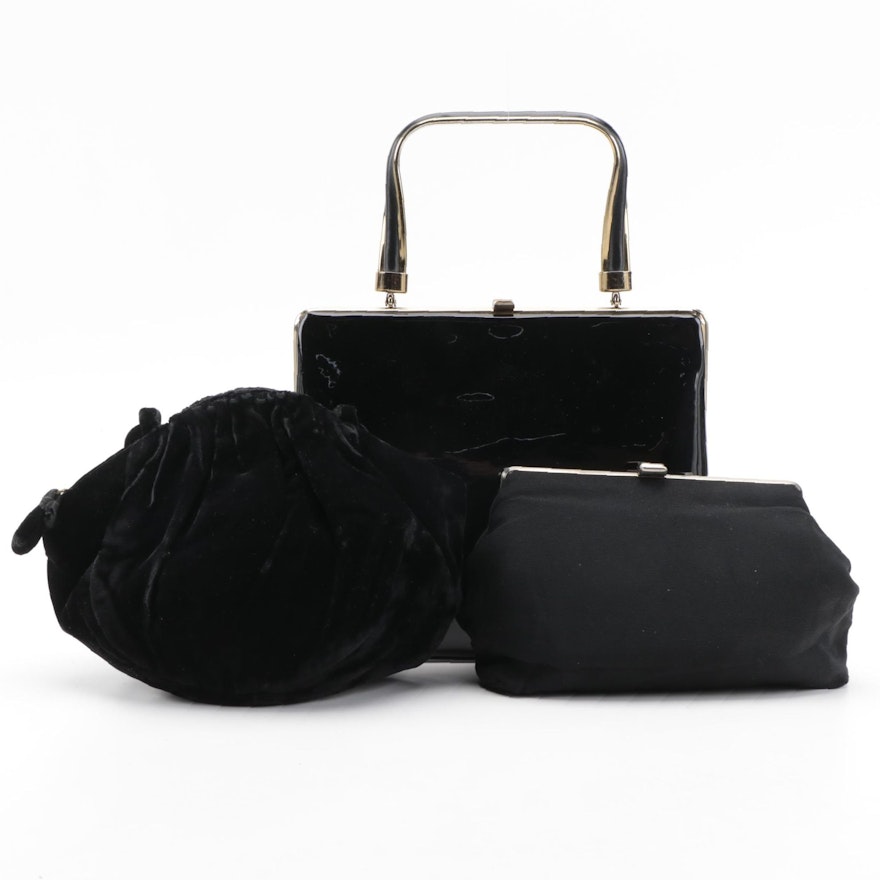 Patent Leather Frame Purse with Chiffon and Velveteen Evening Bags in Black