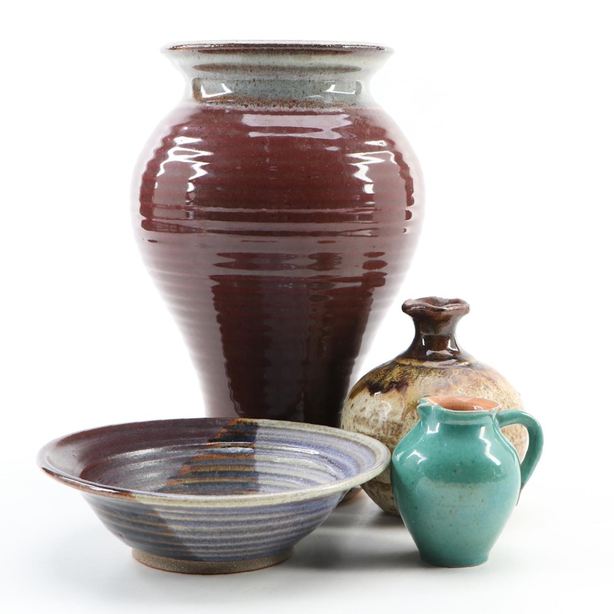 Wheel Thrown Pottery Vases, Bowl and Creamer