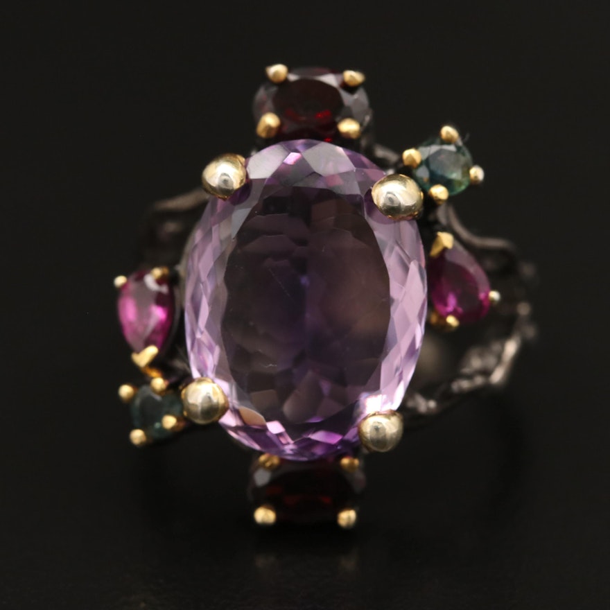 Sterling Silver Amethyst, Garnet and Sapphire Ring