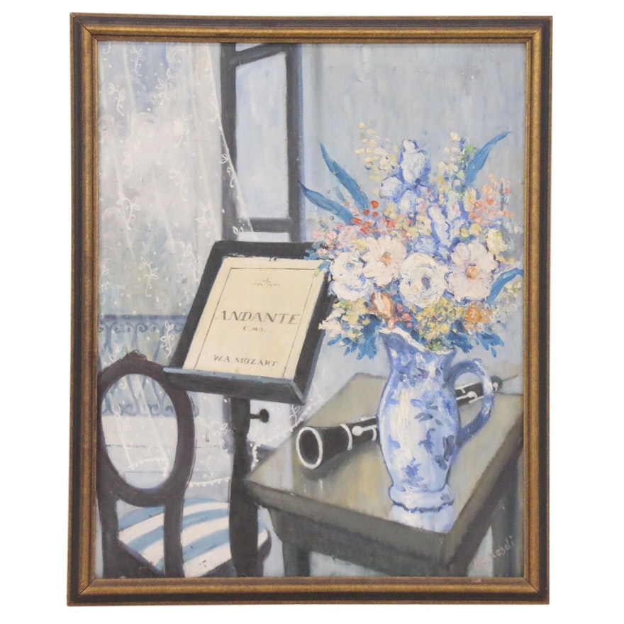 Elemér Kézdi-Kovács Still Life Oil Painting with Note Stand and Clarinet