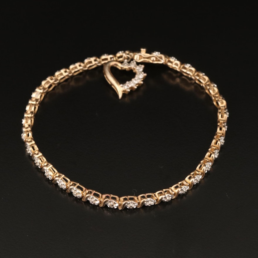 Sterling Silver Diamond Fancy Link Bracelet with Heart Charm